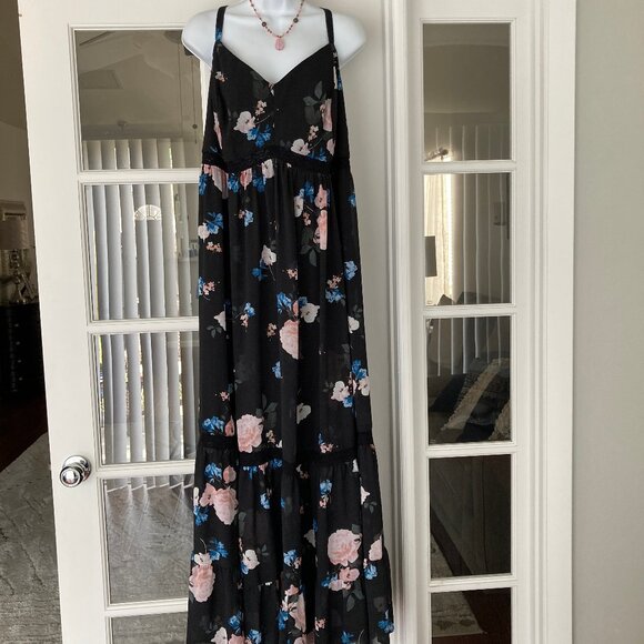 Torrid Black Pink Floral Slip Strap Ruffled Hem Maxi Dress  3 - Picture 3 of 16